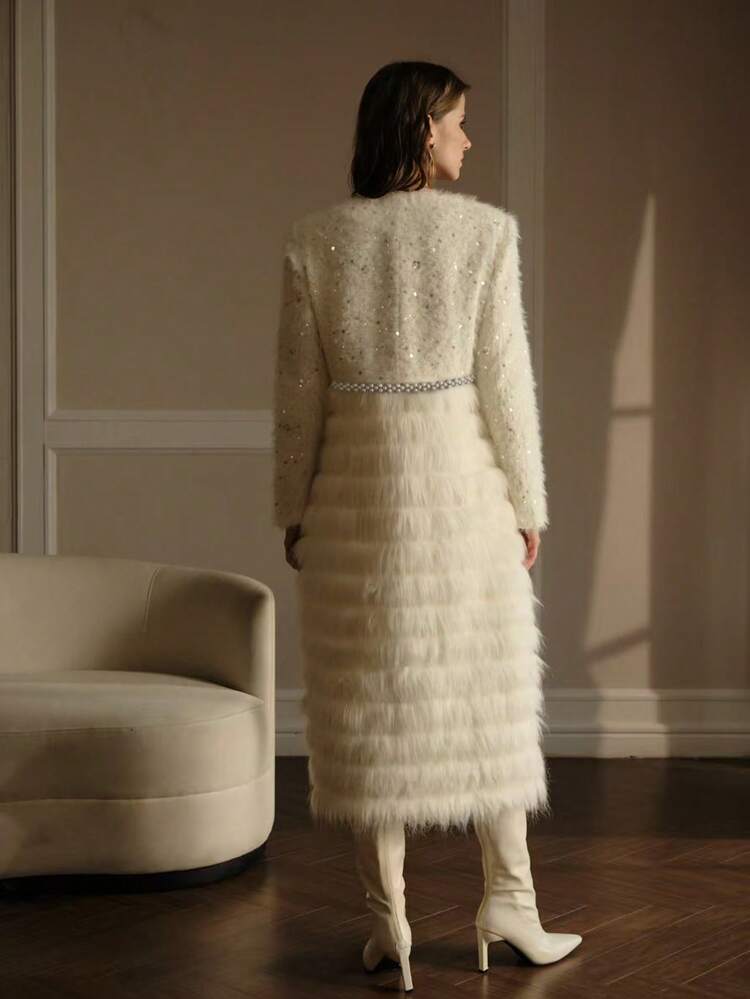 CONTRAST SEQUIN FLUFFY OVERCOAT