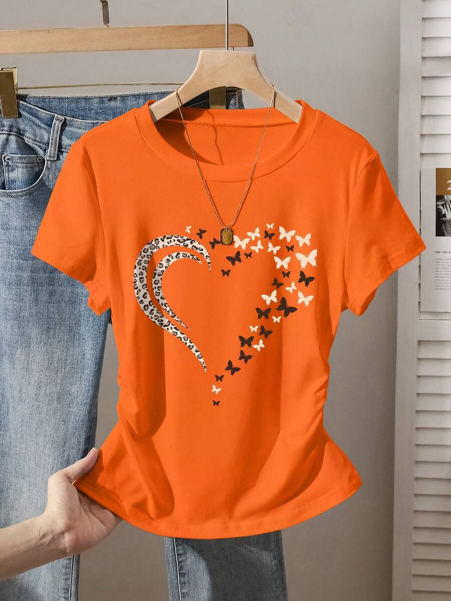 SHEIN Women's Leopard Print Butterfly & Heart Graphic Ruched Waist Fitted T-Shirt, Fashionable Versatile Casual & Occasion Wear, Summer - Orange - View 1