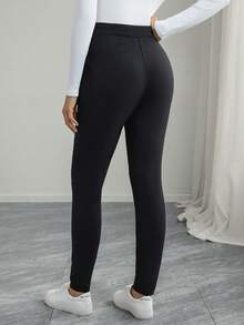 Momance Solid Color Long Pocket Pleated Skinny Casual Comfortable Maternity Leggings - Black - View 2