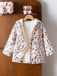 SHEIN 年轻女孩动物与植物印花保暖内衬连帽纽扣可爱卡通夹克，适合日常休闲穿着 - 彩色 - 查看 6