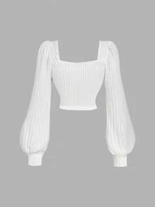 SHEIN MOD 大码白色休闲方领泡泡袖T恤，女款，秋冬季长袖上衣，女士冬季上衣 - 白色 - 查看 2