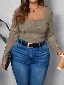 EMERY ROSE Thanksgiving strukturiertes Gänseblümchen Muster lässiges weites Rundhals T-Shirt, Große Größen - Verschiedenfarbig - Übersicht 5