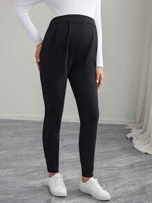 Momance Solid Color Long Pocket Pleated Skinny Casual Comfortable Maternity Leggings - Black - View 6