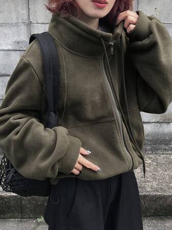 FRIFUL Women's Solid Color Long Sleeve Zip-Up Collar Pocket Casual Loose Jacket, Autumn/Winter