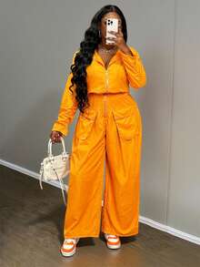 Slaydiva 秋冬新款女装休闲街头风音乐节复活节生日派对日常百搭爆款褶裥长袖拉链短款外套和阔腿裤时尚套装 - 橘色 - 查看 7