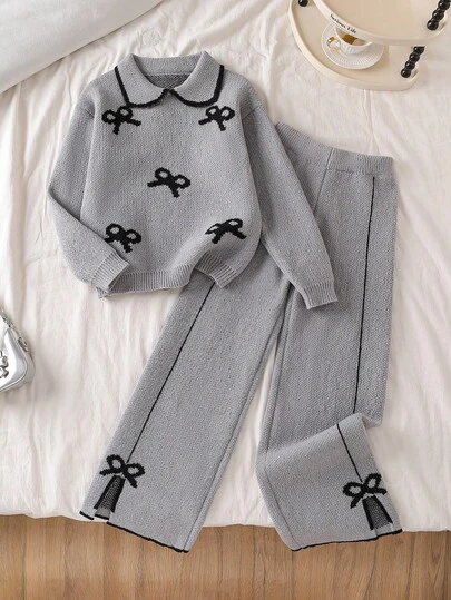 SHEIN Explorewe 2pcs Girls Sweater Set For Autumn/Winter, Cute Peter Pan Collar Bow Knitted Pullover Sweater & Straight Leg Slit Pants, Fashionable & Versatile Girls Sweater Sets Bow Clothes Girl Pants Sets Girl Knit Set