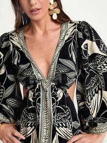 CAJUNI Women's Autumn/Winter V-Neck Oversized Sleeve Hollow Waist Backless Tie Straight Dress With Brazilian Parrot, Tropical Floral, Print