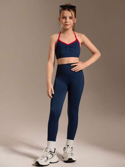 SHEIN 2 Peças Conjunto de Roupas Esportivas para Meninas Pré-Adolescentes, Azul Marinho e Vermelho Contraste de Cor, Conjunto de Sutiã Esportivo e Legging, Construção Sem Costura, Tecido Confortável, Design de Alça Ajustável