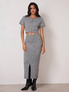 COSMINA 2pcs Women's Short Sleeve Elegant Knitted Sweater Set,Grey Autumn Casual Brunch Versatile Commuting Office Wear Two Piece Skirt Sets - Grey - View 7