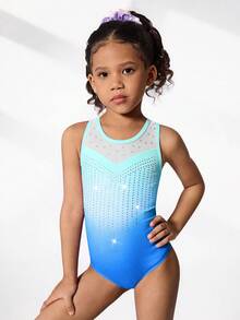 2pcs/Set Young Girls' Gymnastics Leotard And Shorts Set, Cute Printed & Rhinestone Decor, Suitable For Casual, Sports, Competition - Multicolor - View 3