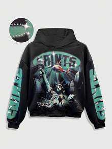 ROMWE MEN Street Life Men's Street Fashion Graphic Print Rhinestone Embellished Hoodie - Black - View 1
