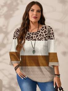 EMERY ROSE Camisa holgada de cuello redondo con estampado integral para mujer de talla grande, otoño/invierno - Caqui - Ver 5