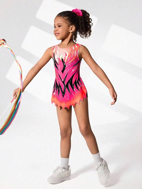 Young Girls Sleeveless Printed Leotards, Comfortable & Skin-Friendly, Snug Fit Design To Prevent Exposure, Rhythmic Gymnastics Activewear, School Dance Competition Unitard, Suitable For All Seasons