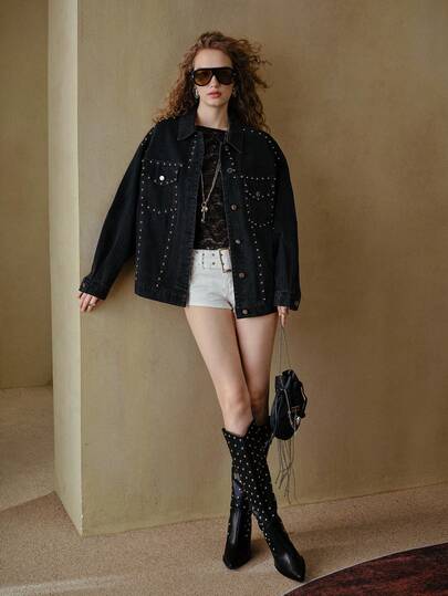 MOTF STUDIO Chaqueta vaquera bohemia de ajuste holgado, lavada y decorada con remaches