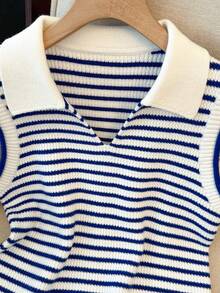 Franclia 女士休闲通勤条纹领针织背心 - 藍白色 - 查看 3