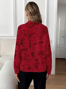 Louniche 女士休闲通勤全印花长袖衬衫 - 紅色 - 查看 2