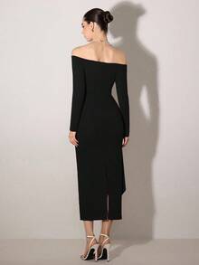 NOVVYNE 1pc Women's Off-Shoulder Metal Buckle Midi Dress - Black - View 2
