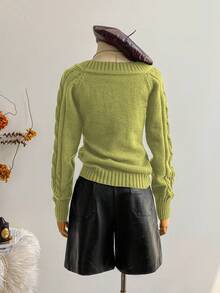 SHEIN LUNE Áo len chui đầu dài tay trễ vai dệt kim màu nâu tối giản sang trọng dành cho nữ, Thu/Đông - màu xanh lá - Xem 2