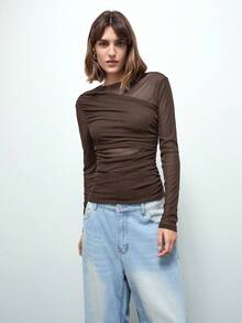 Maija Áo thun nữ dáng ôm nhún bèo bất đối xứng, thích hợp đi làm trong thành phố, trang phục công sở, trang phục công sở, giáo viên, khách dự tiệc cưới, áo cơ bản thanh lịch, trang phục Giáng sinh - màu nâu - Xem 3