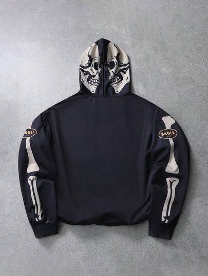 Sudadera con cremallera para hombres, con estampado de calavera y esqueleto, diseño gráfico oscuro con un fuerte impacto visual, que se adapta al estilo europeo y americano con elementos personalizados y con un toque de audacia. El diseño de la sudadera con cremallera es casual pero versátil, con un material de tela suave y cómodo. Combina bien con pantalones cargo para un look oscuro y hardcore o con pantalones casuales para un estilo urbano.