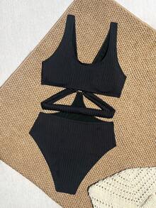 SHEIN Swim Summer Beach Women's One Piece Swimsuit With Hollow Out Waist Design - Black - View 3