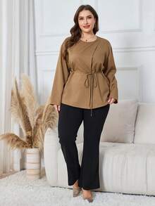 Lacomfia Áo thun tay dài cổ tròn thắt eo màu kaki, viền bất đối xứng, thường ngày đi làm - màu nâu - Xem 3