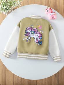 Elladie kids 适合年轻女孩的休闲时尚新款外套，适合返校季穿着。可爱独角兽图案印花，针织卫衣面料，卡其色搭配白色袖片，条纹罗纹袖口，长袖纽扣前襟飞行员夹克，适合可爱女孩，返校季、日常穿着、外出、聚会、假期、秋冬季穿着。 - 卡其色 - 查看 2