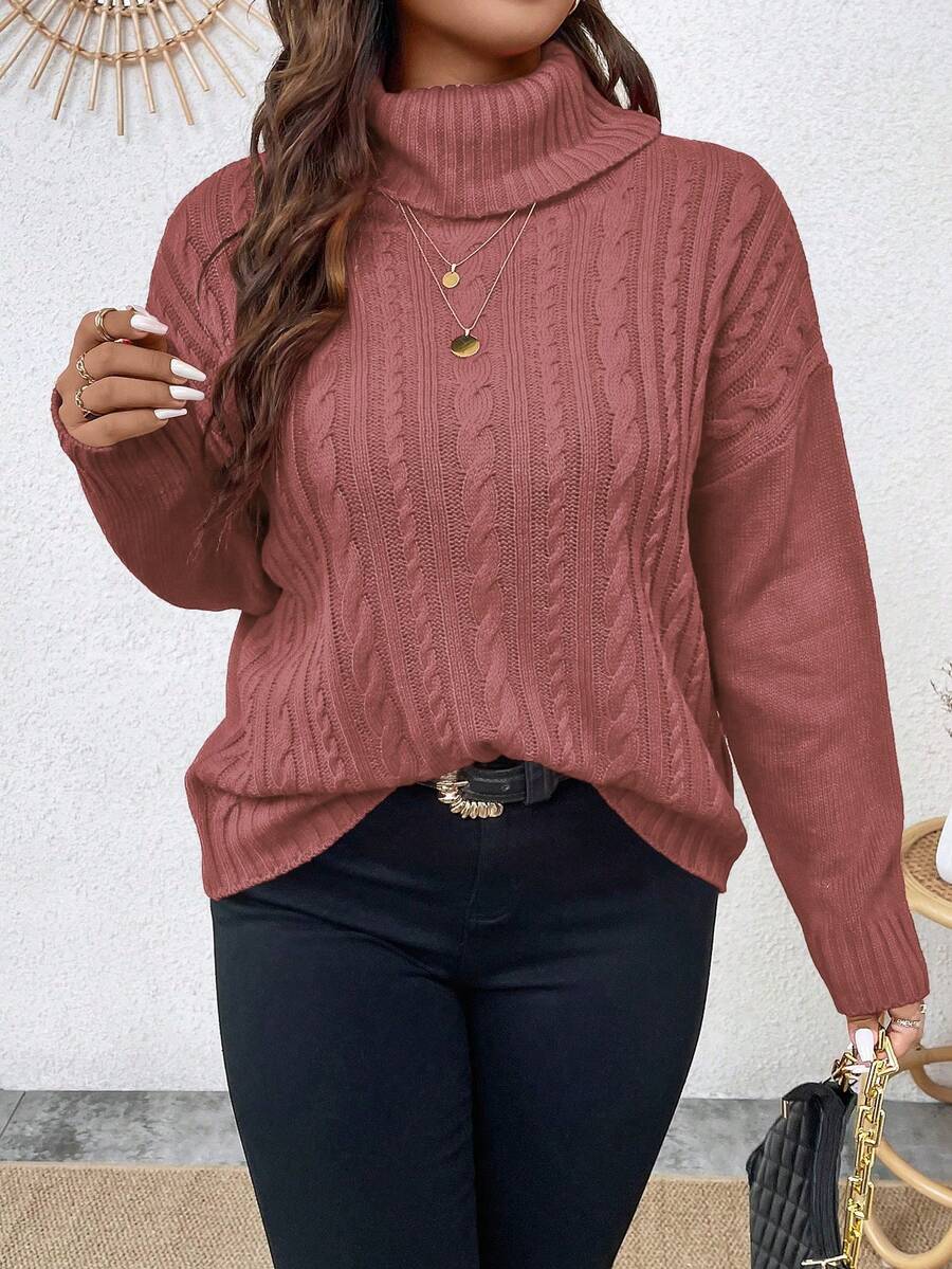 EMERY ROSE Plus Size Solid Color Turtleneck Sweater, Casual For Autumn/Winter - Redwood - View 1