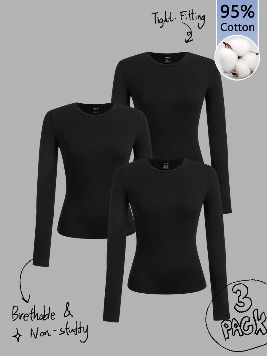 Tseoso 3件套黑色休闲长袖修身长T恤套装，适合秋冬季，95%纯棉 - 黑色 - 查看 1