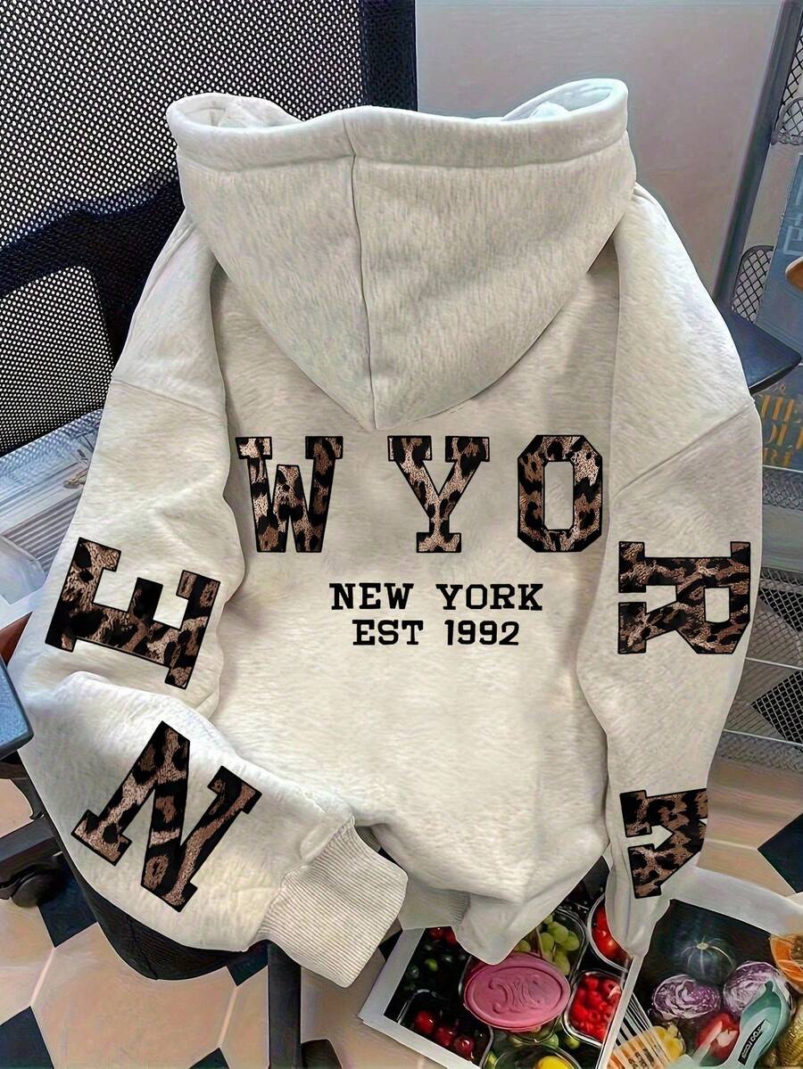 秋季图案字母印花休闲卫衣，舒适街头风，适合青少年女孩秋冬季穿着。豹纹卫衣，纽约卫衣，女童卫衣，Y2K卫衣。 - 淺灰色 - 查看 1