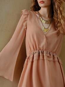 MOTF STUDIO 优雅荷叶边铆钉波西米亚风轻盈迷你连衣裙 - 珊瑚粉 - 查看 3