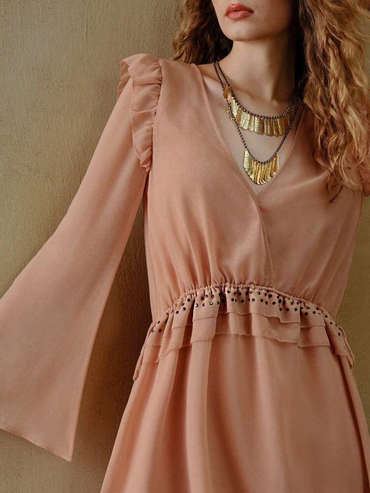 MOTF STUDIO ELEGANT RUFFLE RIVET BOHEMIAN BOHO LIGHTWEIGHT MINI DRESS