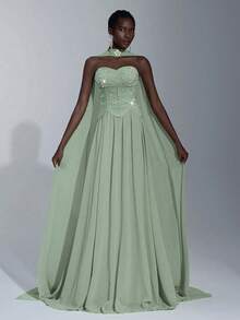 Elitara 优雅奢华手工水钻装饰露肩飘逸拼接弹性针织雪纺长裙，适合婚礼、活动、单身派对、度假、庆典、正式场合 - 薄荷綠 - 查看 6