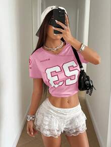 SXStreetHx Camiseta de manga corta con estampado de letras de color contrastante para mujer, primavera/verano - Rosa Pálido - Ver 5