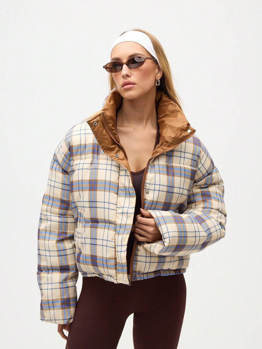 Eassivo Eassivo Women's Plaid Zip-Up Long Sleeve Padded Coat - Khaki - View 1