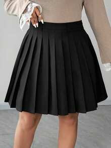 DAZY Plus Size Women A-Line Mini Pleated Skirt, Solid Color, Versatile, School Style, Early Autumn - Black - View 4