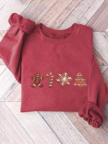 INAWLY 女士休闲通勤姜饼人和雪花图案保暖内衬运动衫，适合圣诞节、秋冬季 - 紅木色 - 查看 1