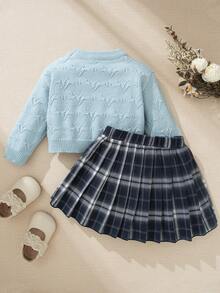 Souflis Souflis 女婴休闲心形图案毛衣和格子百褶裙套装，秋季 - 藍色 - 查看 2
