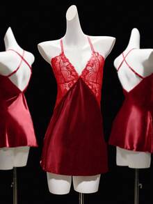 SHEIN 撞色蕾丝缎面吊带内衣连衣裙配丁字裤 - 酒紅色 - 查看 6