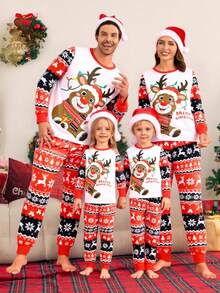 男童圣诞驯鹿印花圆领长袖上衣搭配圣诞图案修身睡裤两件套睡衣，圣诞主题，时尚修身睡衣 - 紅白色 - 查看 1