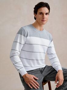 Manfinity Homme Sweater Pria Blok Warna Striped Casual - Putih - View 6