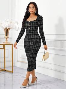 SHEIN Lady 女士优雅复古格子印花方领羊腿袖修身中长连衣裙，适合工作和通勤，春秋季 - 彩色 - 查看 3