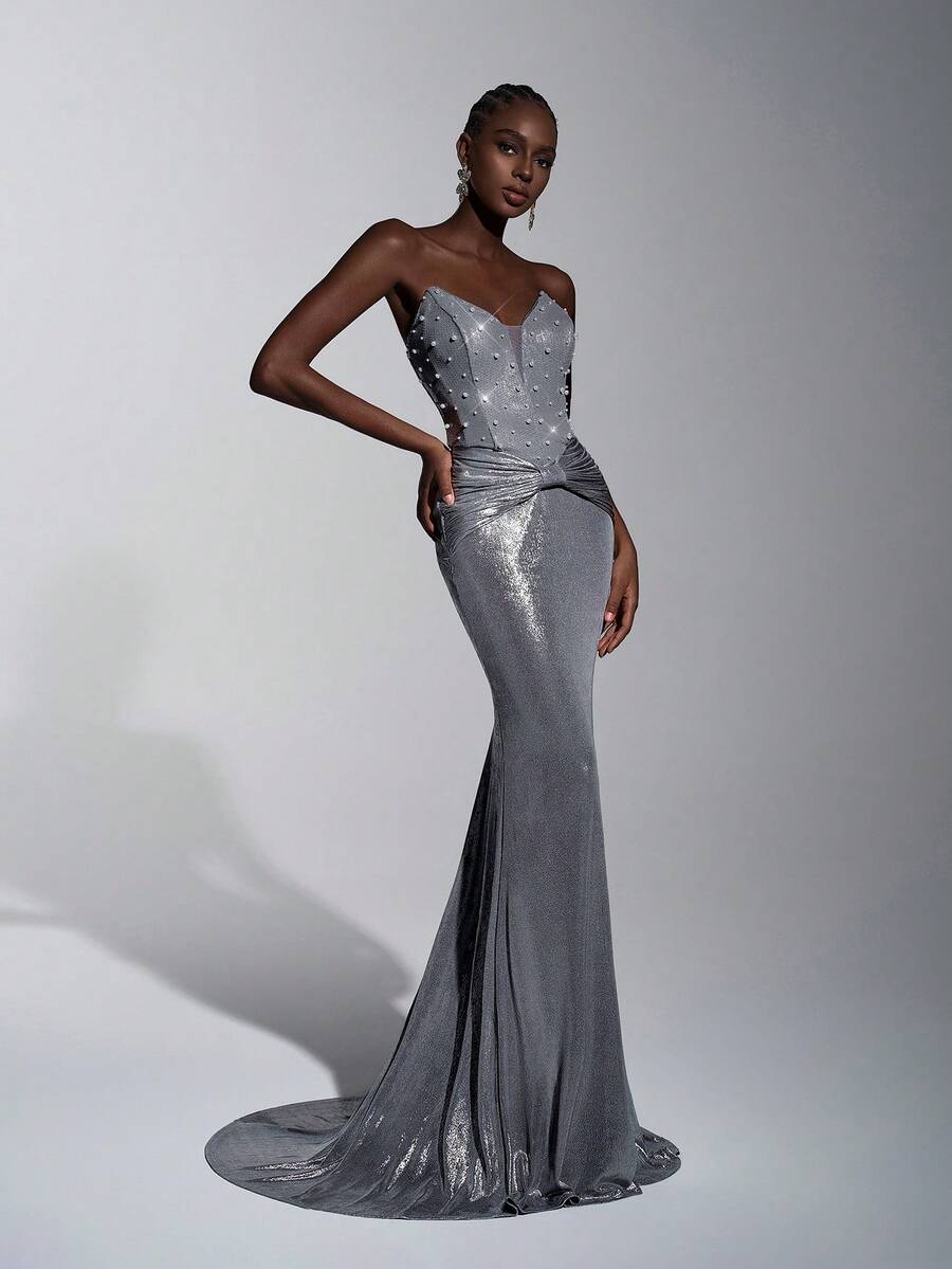 Elitara Thanh lịch, Lãng mạn, Gợi cảm, Tối giản, Xám, Vải sequin, Vải phủ chắp vá, Thời trang, Ngày lễ, Kỳ nghỉ, Tiệc sinh nhật, Sự kiện cưới, Váy dạ hội trang trọng