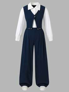 SHEIN Tween Girls Casual T-Shirt & Pants Set - Navy Blue - View 3