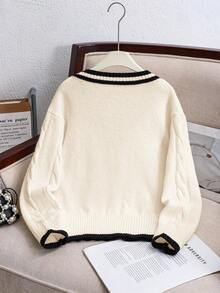 SHEIN Tween Girl V-Neck Stripe Detail Cable Knit Sweater, Black And White, Autumn, Casual, Holiday, Back-To-School Daily Wear Tween Girl Warm Winter Pullover Sweaters - Beige - View 3