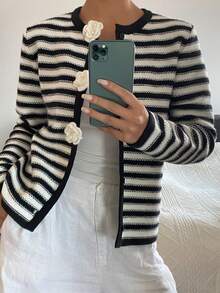 Livesso Women's Elegant Contrast Color Striped Pattern 3D Floral Decor Loose Cardigan, Autumn/Winter - Black and White - View 4