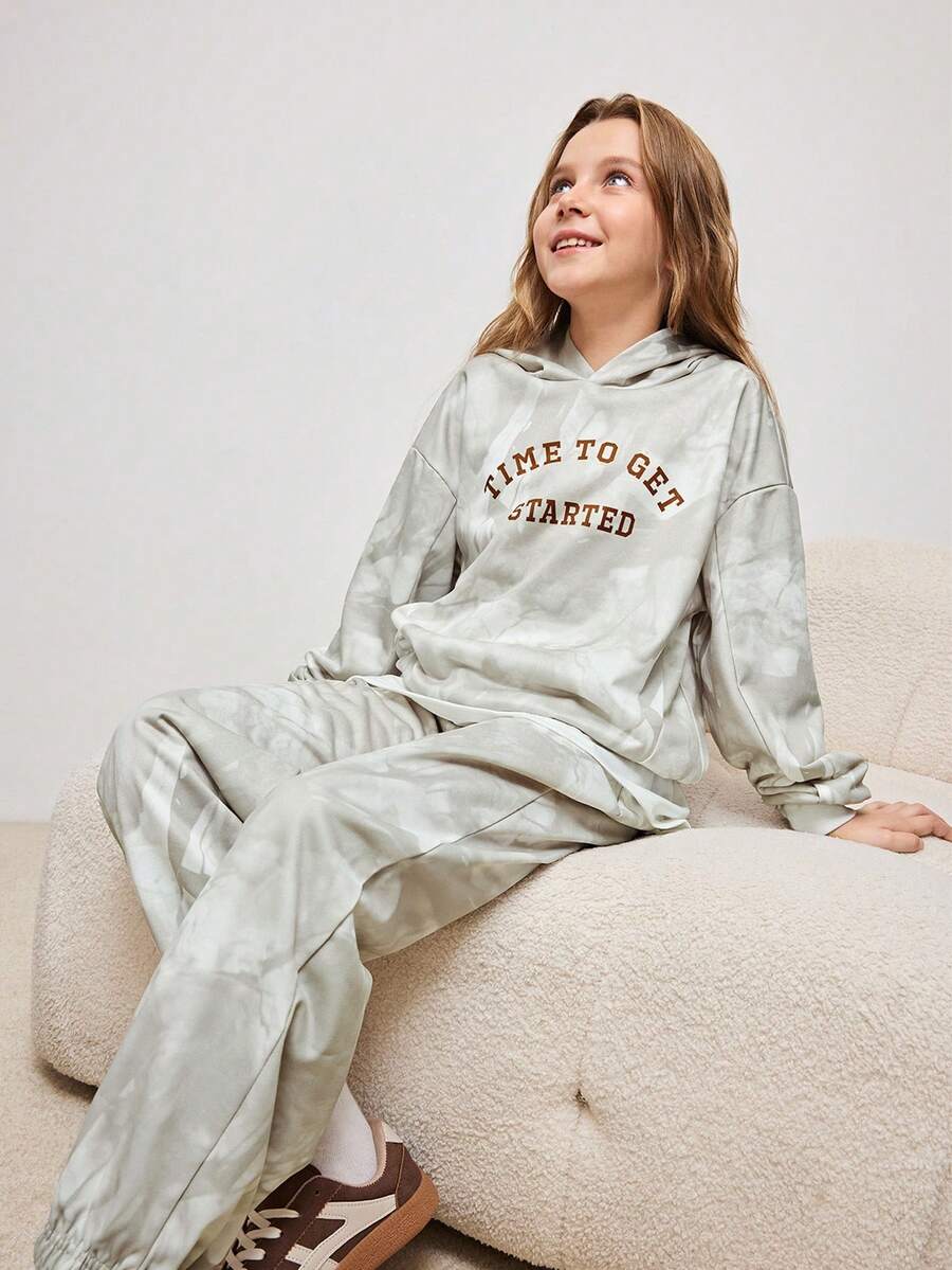 Tween Mädchen Lässig Set aus Hoodie mit Buchstaben-Grafik und Jogginghose, Herbst - Grau - Übersicht 1