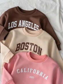 Loomiva 3件装女婴字母印花圆领长袖套头卫衣，可爱动物图案保暖内衬上衣，适合休闲、户外、运动、派对、假日等多种场合。 - 彩色 - 查看 4