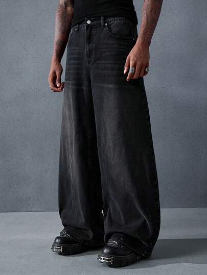 Grunge Punk Solid Color Pocket Casual Versatile Loose Wide-Leg Jeans