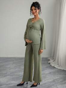 Momance 2 件套：系带前 V 领长袖上衣和阔腿裤，时尚 - 軍綠色 - 查看 7
